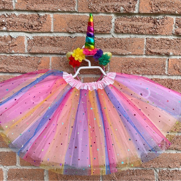 2 pcs set NEW Unicorn tutu hair band set 4 fully layer sparkle rainbow tutu - Picture 6 of 6